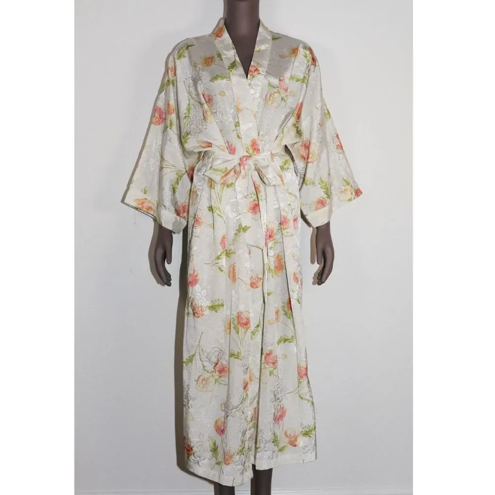Vintage Floral Satin Maxi Robe Loungewear Womens Size Large
